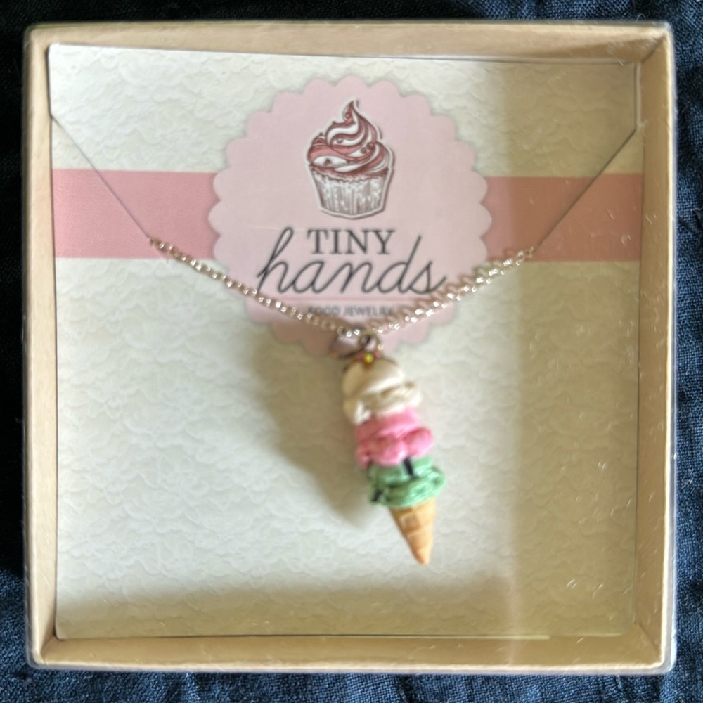 Tiny Hands Food Jewelry Triple Scoop Ice Cream Cone Necklace, New